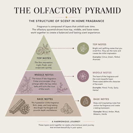 Olfactory pyramid diagram illustrating top, middle, and base notes in home fragrance candles and diffusers