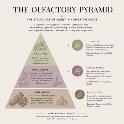 Olfactory pyramid diagram illustrating top, middle, and base notes in home fragrance candles and diffusers