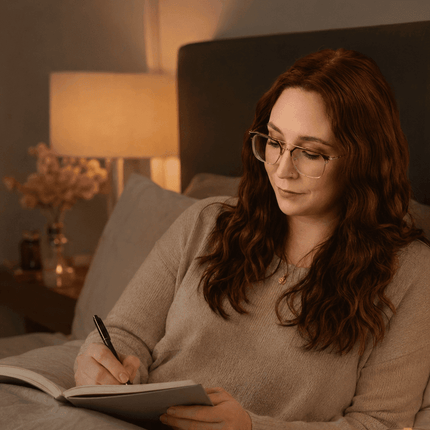 Person journaling in bed by warm lamplight during a calming self-care evening routine