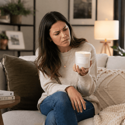 Woman sitting in a stylish living room looking confused at a candle because she cannot smell its fragrance.