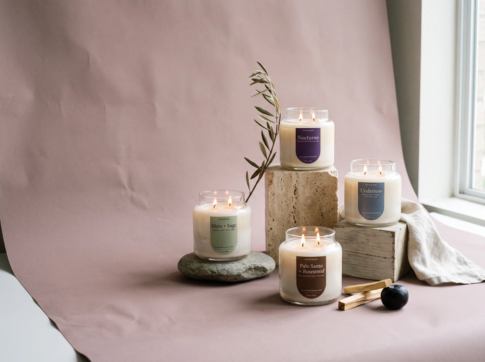 Four lit soy candles in clear glass jars with minimalist labels, styled on stacked stone and wood blocks against a dusty pink paper backdrop near a window.