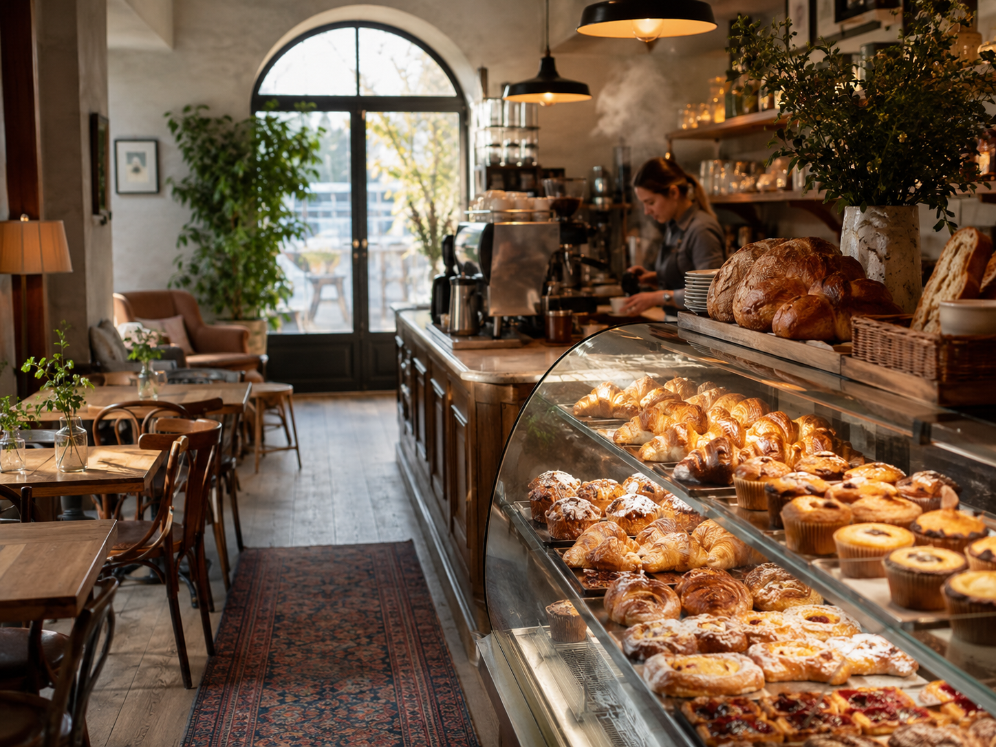 Warm bakery interior with croissants and pastries in a glass display case evoking gourmand candle scents