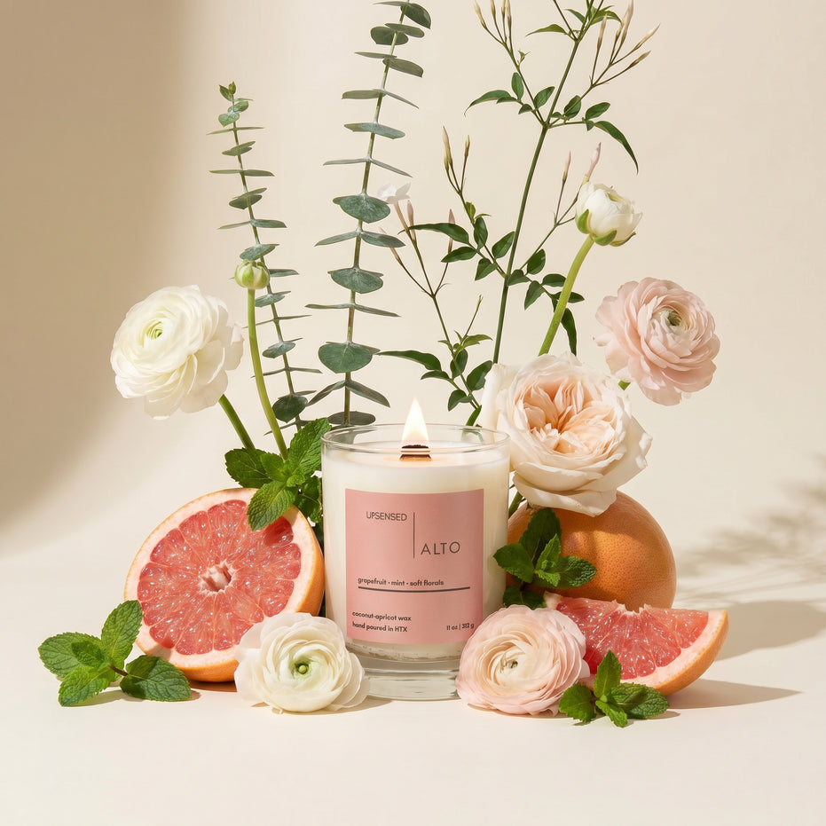 Lit Alto candle styled with grapefruit, fresh mint, eucalyptus stems, cream flowers, and soft peach florals.