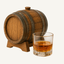 Oak aging barrel beside a glass of amber bourbon on a soft ivory background, representing barrel-aged bourbon.