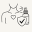 Line drawing icon of a spray bottle with a safety shield and checkmark spraying toward a figure with a heart on their chest, representing body-safe room spray formulation