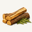 Stacked cedarwood logs with bark and green cedar foliage.