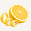 Sliced lemon half with curled yellow citrus peel.