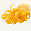 Curled orange citrus peels with a sliced orange in the background.