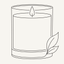 Thin line icon of a candle in a glass jar with a small flame and leaves along the lower right side.