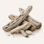 Driftwood pieces on a white background with small stones and shells.