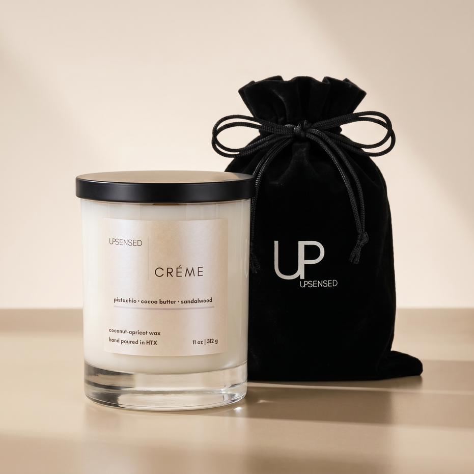 Upsensed Crème 11oz scented candle with black velvet drawstring gift bag - pistachio cocoa butter and sandalwood coconut apricot wax candle hand poured in Houston