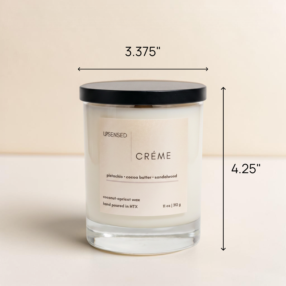 Upsensed Creme scented candle dimensions - 3.375 inches wide by 4.25 inches tall - 11oz coconut apricot wax candle with pistachio cocoa butter and sandalwood fragrance hand poured in Houston