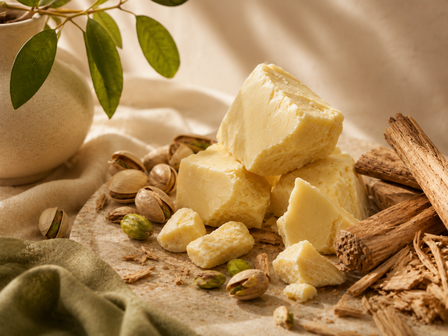 Pistachios, cocoa butter chunks, and sandalwood arranged on a neutral surface to represent the Crème fragrance.