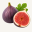 Whole purple fig with a sliced fig half and green fig leaves.