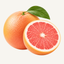 Whole grapefruit with a green leaf beside a sliced grapefruit half.