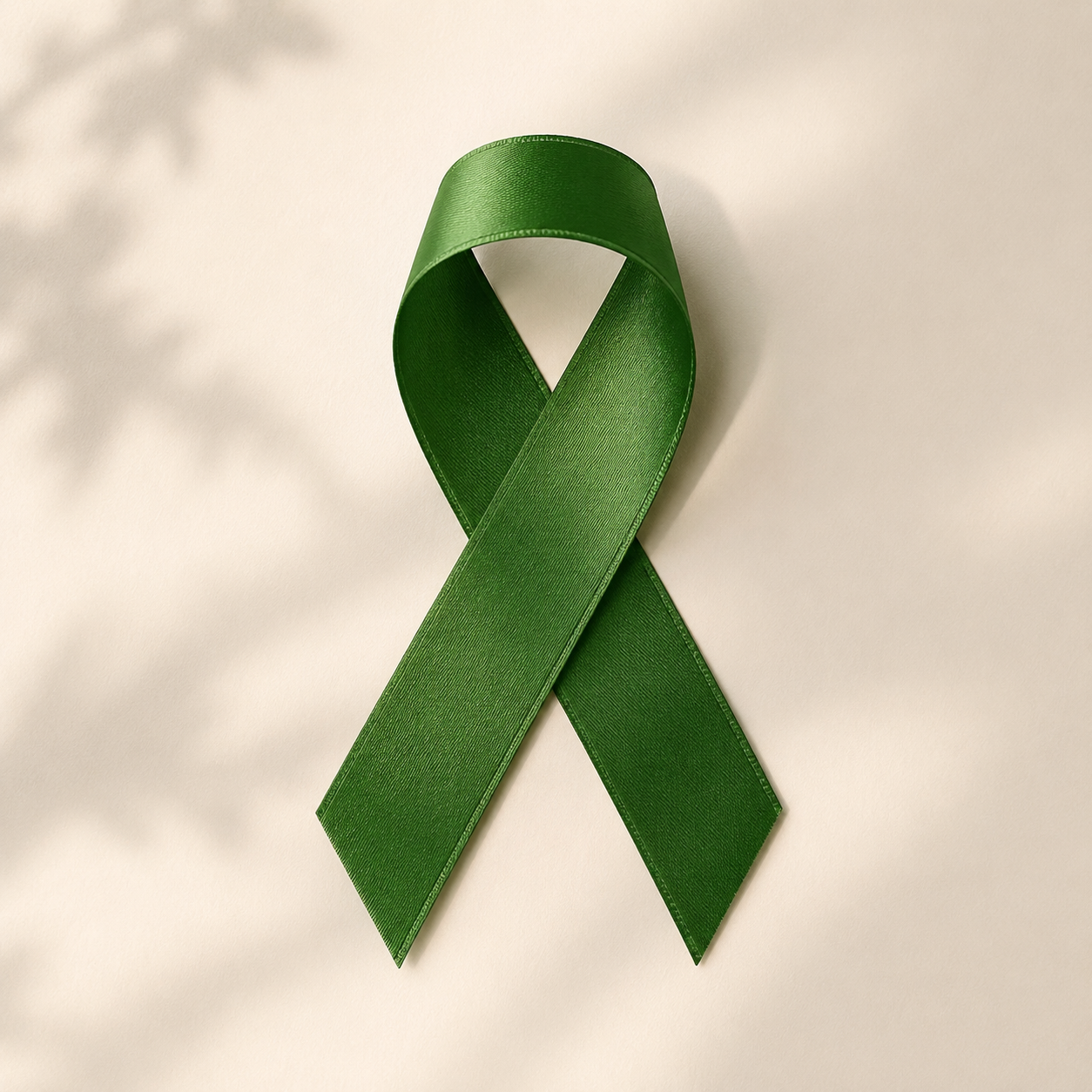 Green mental health awareness ribbon on a soft neutral background representing Upsensed’s mental health mission and commitment to giving back.