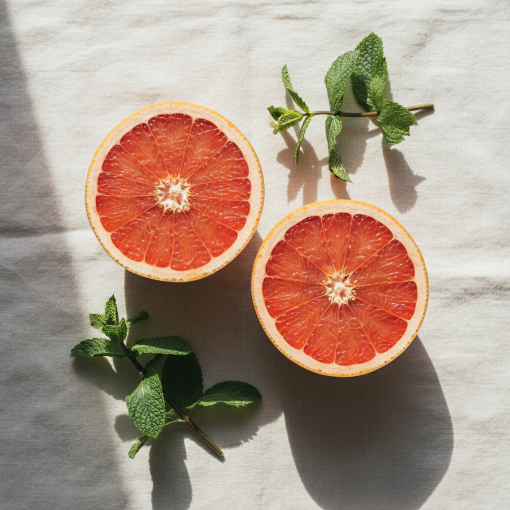 Two halves of a red grapefruit arranged on a light fabric background with mint leaves placed around them.