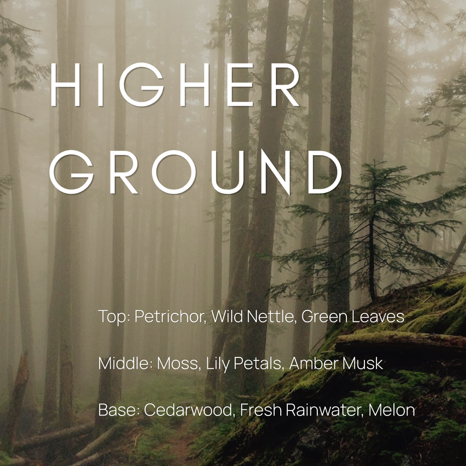 Upsensed Higher Ground fragrance notes graphic - top notes petrichor wild nettle and green leaves, middle notes moss lily petals and amber musk, base notes cedarwood fresh rainwater and melon - home fragrance collection