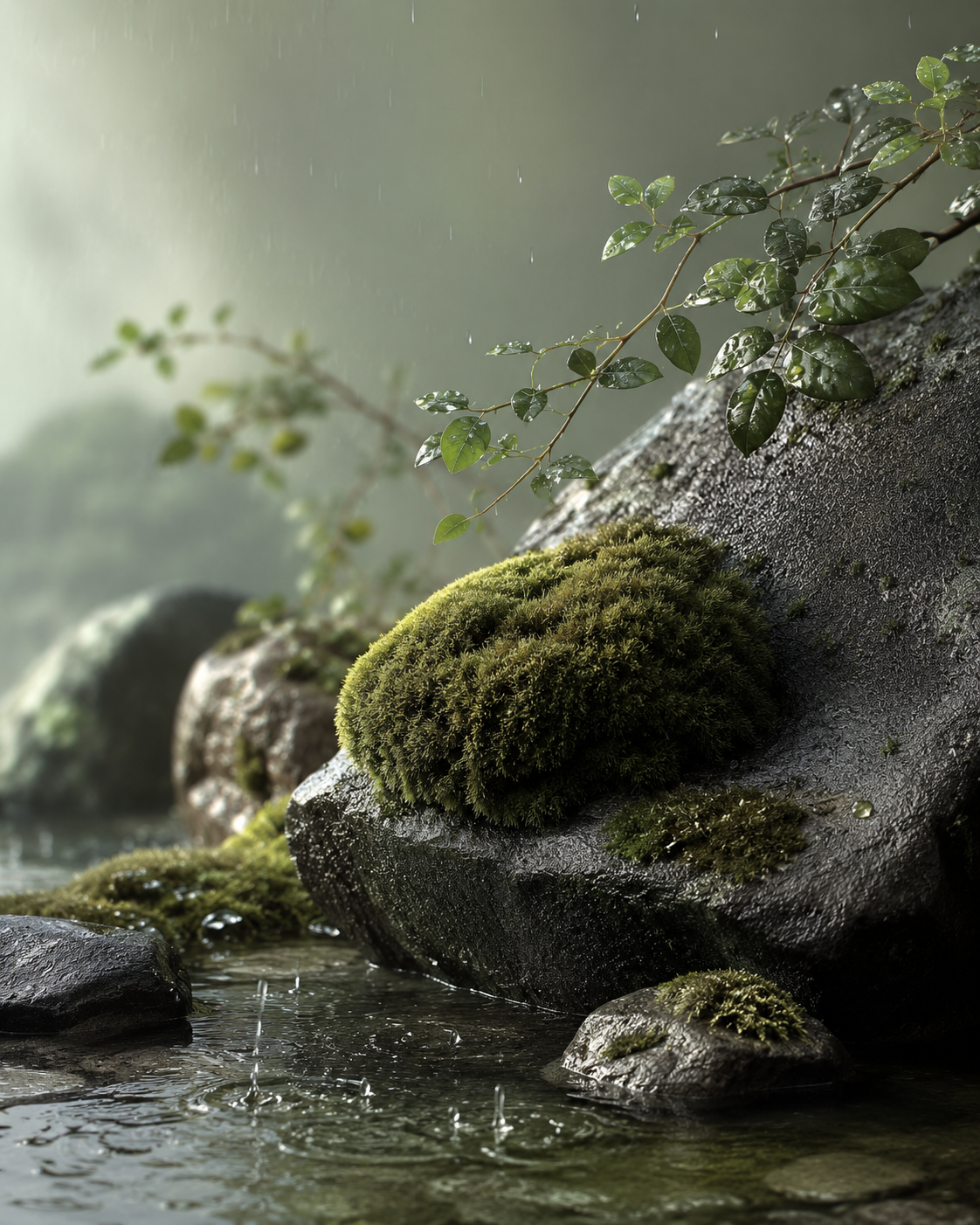 Moss-covered rocks with water and greenery in a natural setting