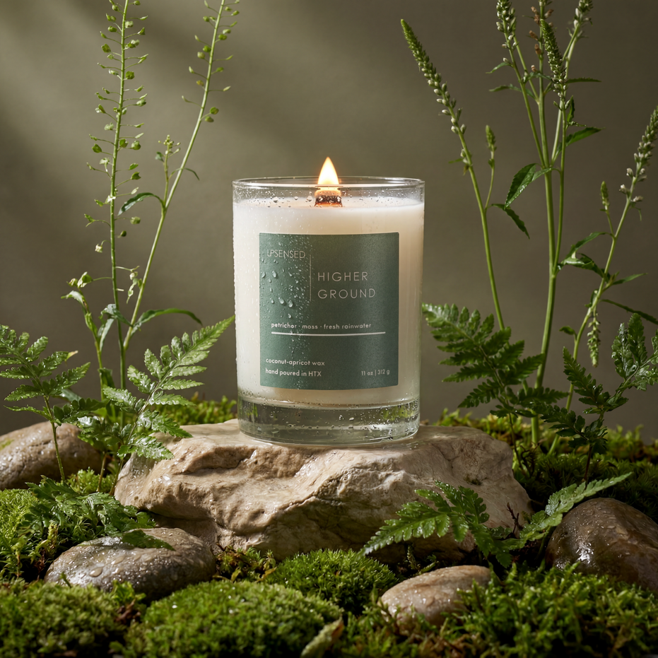 Upsensed Higher Ground 11oz scented candle burning with wood wick on rain-wet moss and stones surrounded by ferns and wild botanicals - petrichor moss and fresh rainwater coconut apricot wax candle hand poured in Houston