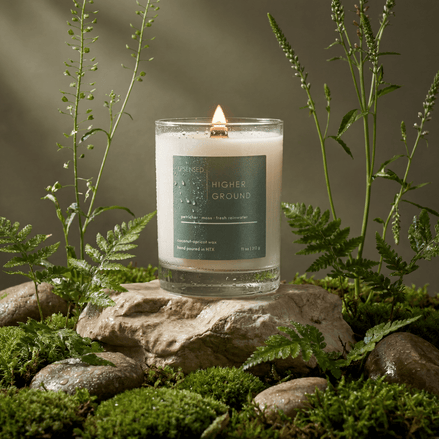 Upsensed Higher Ground 11oz scented candle burning with wood wick on rain-wet moss and stones surrounded by ferns and wild botanicals - petrichor moss and fresh rainwater coconut apricot wax candle hand poured in Houston