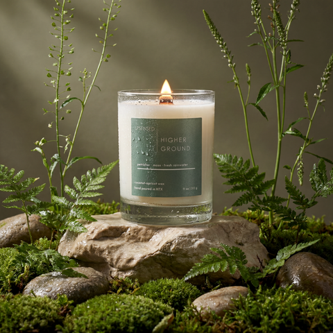 Upsensed Higher Ground 11oz scented candle burning with wood wick on rain-wet moss and stones surrounded by ferns and wild botanicals - petrichor moss and fresh rainwater coconut apricot wax candle hand poured in Houston