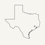 Thin black line outline of the state of Texas with a small star on Houston, Texas