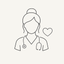 Thin black line icon of a nurse wearing scrubs and a stethoscope with a small heart beside her.
