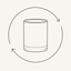 Thin black line icon of a cylindrical glass jar surrounded by two circular arrows.