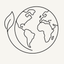 Thin black line icon of the earth with a large leaf wrapping around the left side.