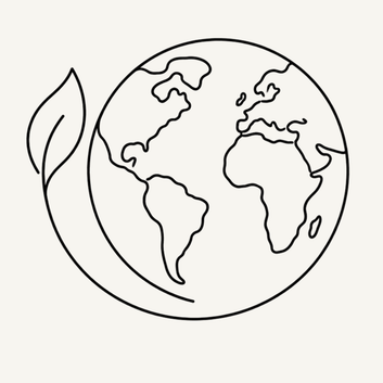 Thin black line icon of the earth with a large leaf wrapping around the left side.