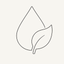Thin black line icon of a water droplet with a leaf overlapping the lower right side.