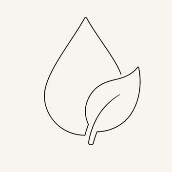 Thin black line icon of a water droplet with a leaf overlapping the lower right side.