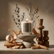 Lit Lignum candle styled with palo santo wood, dried citrus, botanical stems, and sculptural wooden accents.