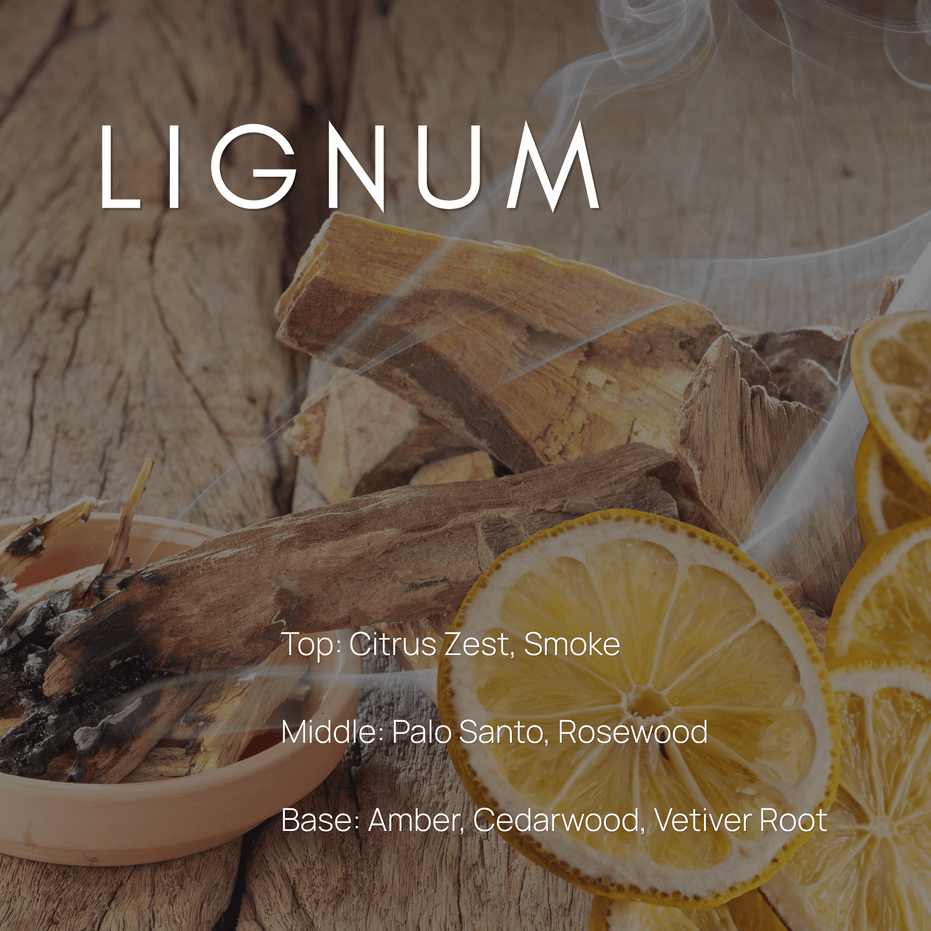 Lignum candle scent notes with palo santo, citrus zest, smoke, rosewood, amber, cedarwood, and vetiver root.