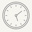 Thin line icon of a round clock face with two hands and simple hour markers.