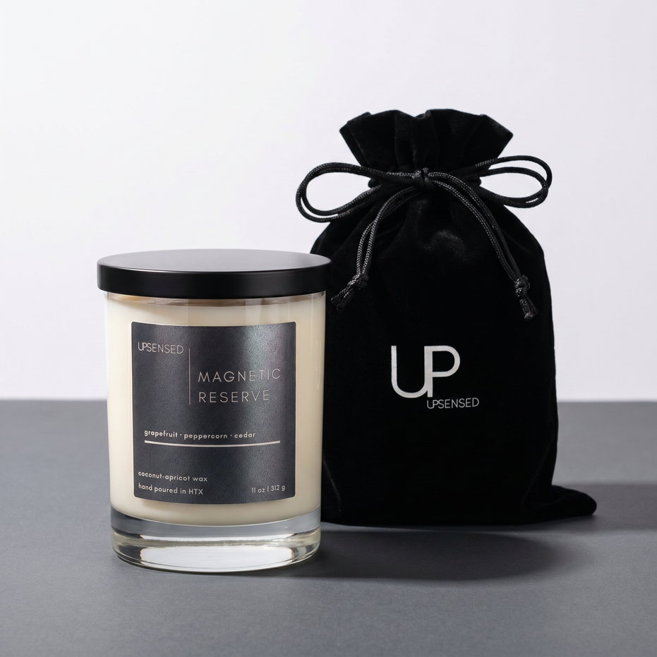 Upsensed Magnetic Reserve 11oz scented candle with black velvet drawstring gift bag - grapefruit peppercorn and cedar coconut apricot wax candle hand poured in Houston