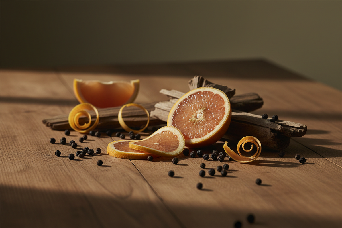 Grapefruit slices, peppercorns, and cedarwood sticks arranged on warm wood - Upsensed Magnetic Reserve fragrance notes for home fragrance collection
