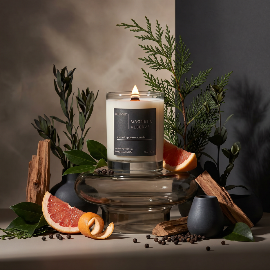 Upsensed Magnetic Reserve 11oz scented candle burning with wood wick surrounded by fresh grapefruit slices peppercorns cedarwood and botanicals - coconut apricot wax candle hand poured in Houston