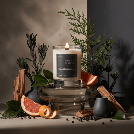 Upsensed Magnetic Reserve 11oz scented candle burning with wood wick surrounded by fresh grapefruit slices peppercorns cedarwood and botanicals - coconut apricot wax candle hand poured in Houston