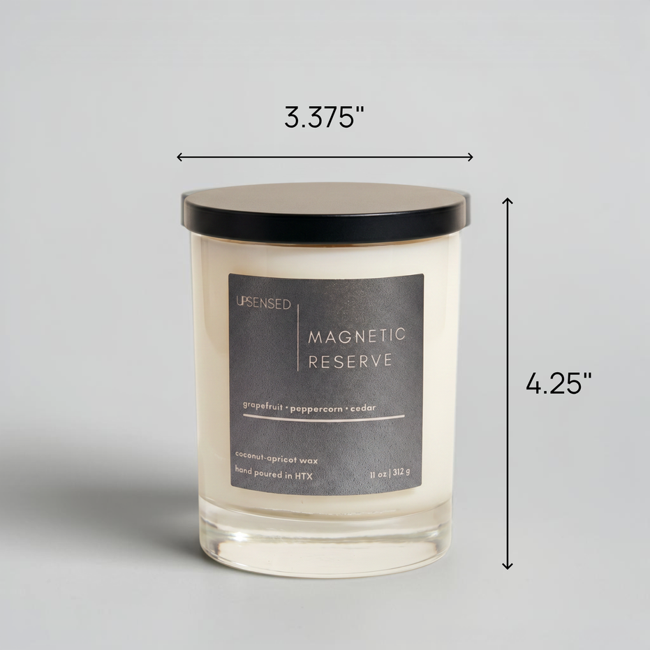 Upsensed Magnetic Reserve scented candle dimensions - 3.375 inches wide by 4.25 inches tall - 11oz coconut apricot wax candle with grapefruit peppercorn and cedar fragrance hand poured in Houston