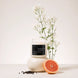 Upsensed Magnetic Reserve candle burning on a round ceramic base, styled with jasmine flower stems, black peppercorns, and a halved grapefruit.