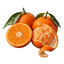 Three oranges on a white background, including one whole orange with a green stem and leaf, one cut in half showing the juicy segmented interior, and one peeled with a long strip of peel hanging in front.