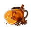 A clear glass mug filled with an orange spiced drink, garnished with a cinnamon stick, orange slices, cloves, and star anise, shown on a white background.