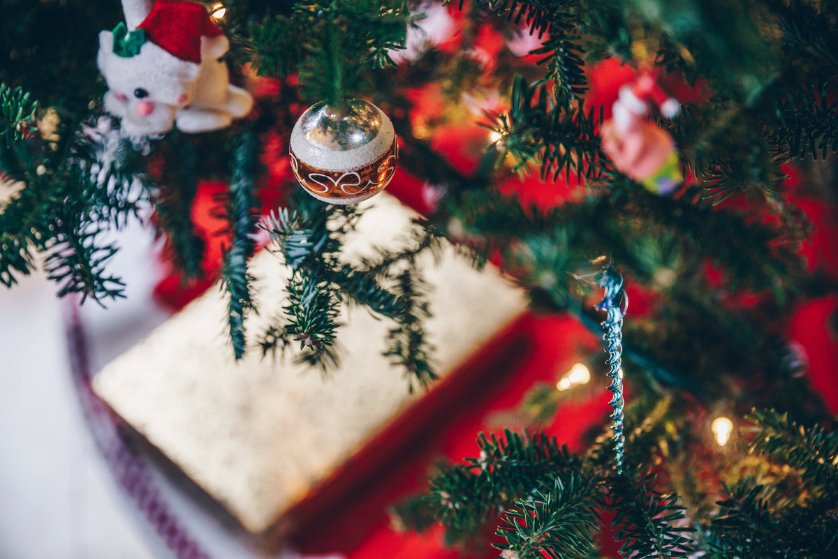 Close-up of a decorated Christmas tree with a clear glass ornament, a plush white bear in a Santa hat, a twisted blue icicle ornament and warm string lights, above a wrapped gift with red ribbon