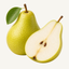 Whole yellow pear with a green leaf beside a sliced pear half.