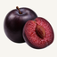 Whole dark purple plum beside a sliced plum half with red flesh.