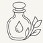 Thin line icon of a round bottle with a droplet on the front and leaves along the right side.