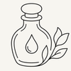 Thin line icon of a round bottle with a droplet on the front and leaves along the right side.