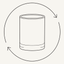 Thin black line icon of a cylindrical glass jar surrounded by two circular arrows.
